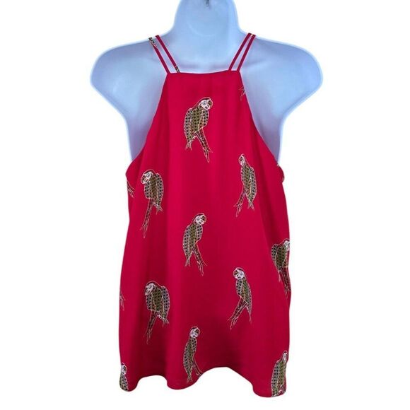 Parrot Print Red Tank Top V-Neck Spaghetti Straps babydoll chic birds work wear - Picture 2 of 5